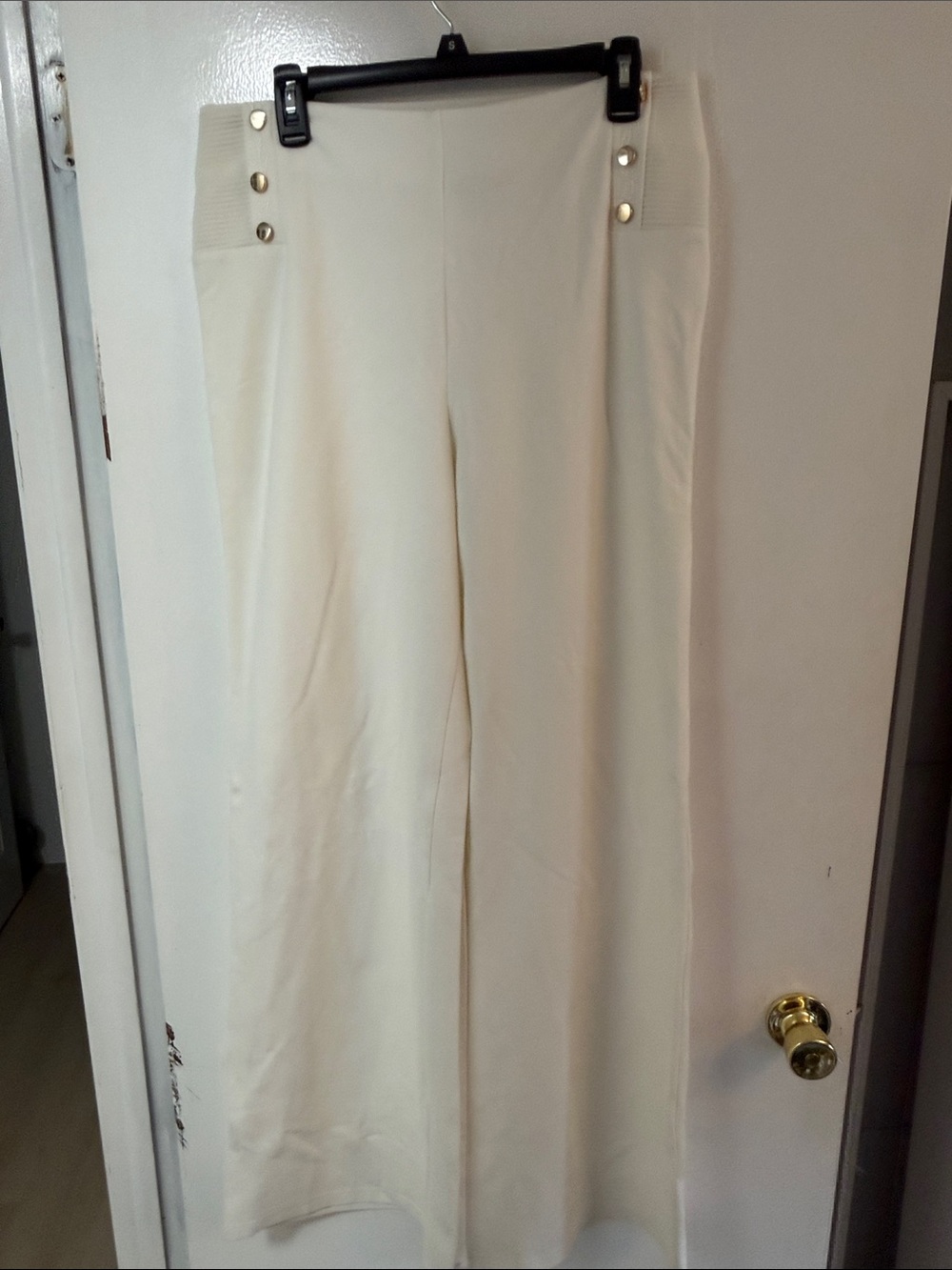 Suzanne Betro Ivory Wide-Leg Nautical Ponte Pants with Gold Buttons Long